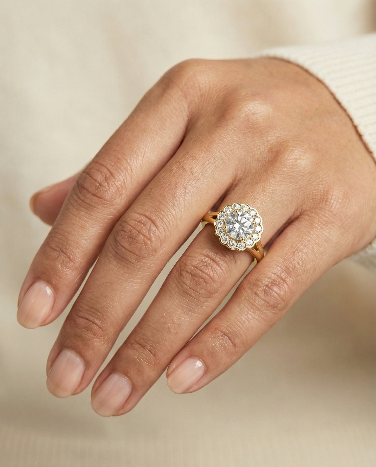 Round Brilliant, Floral Split Shank Halo, in 18K Yellow Gold, prong setting – lifestyle shot | RockHer