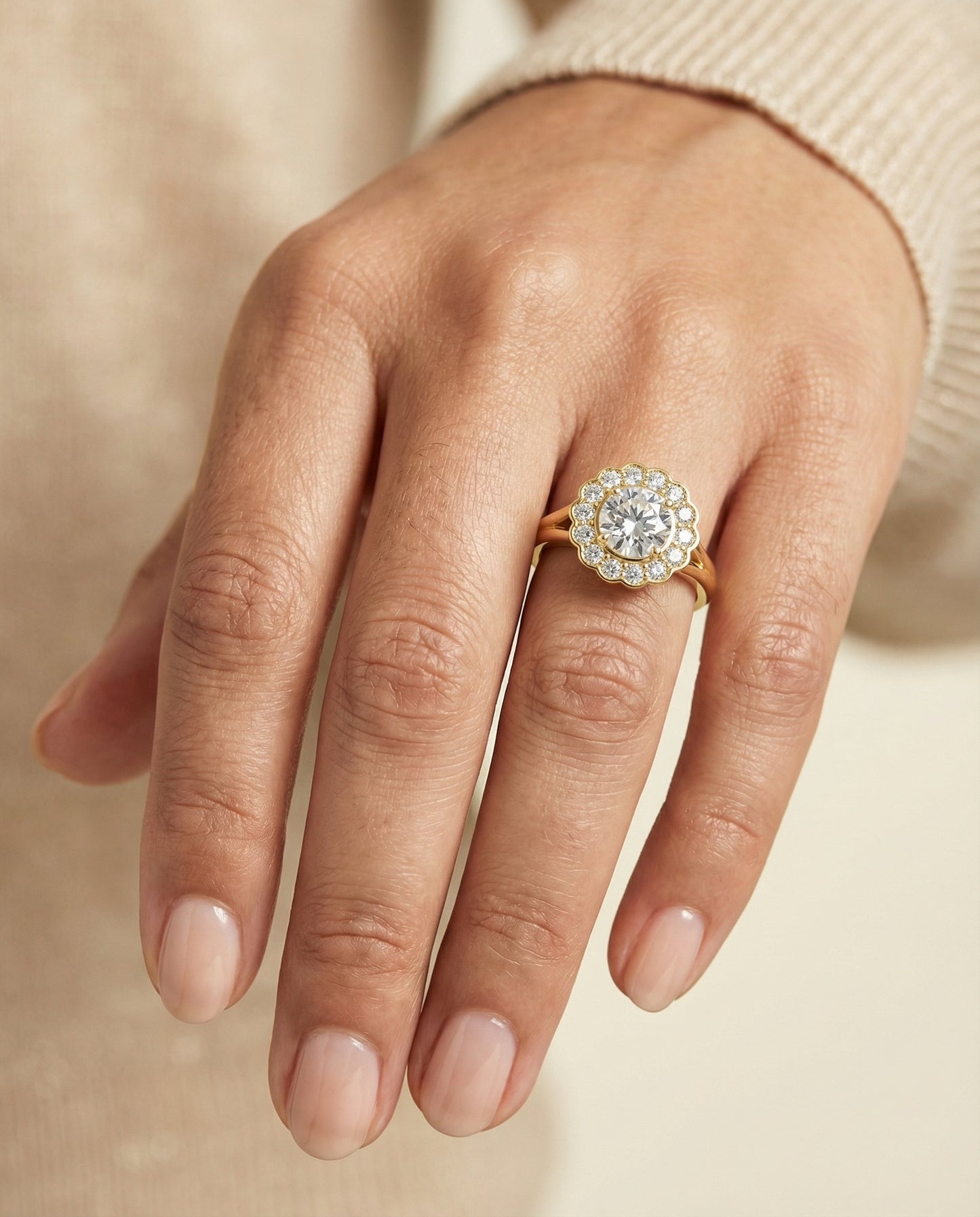 Round Brilliant, Floral Split Shank Halo, in 18K Yellow Gold, prong setting – lifestyle shot | RockHer