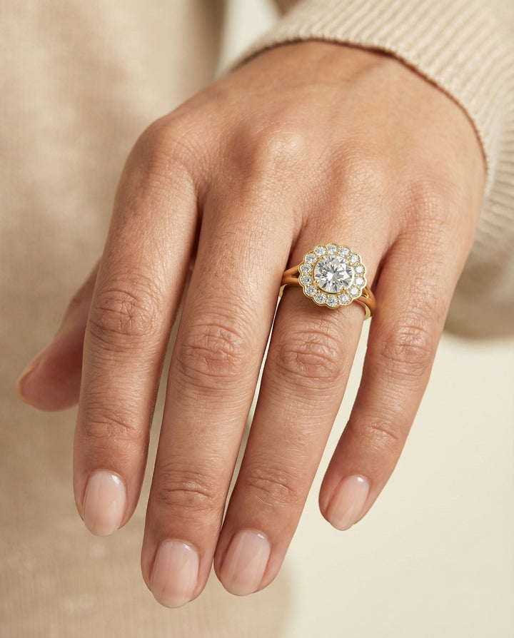 Round Brilliant, Floral Split Shank Halo, in 18K Yellow Gold, prong setting – lifestyle shot | RockHer
