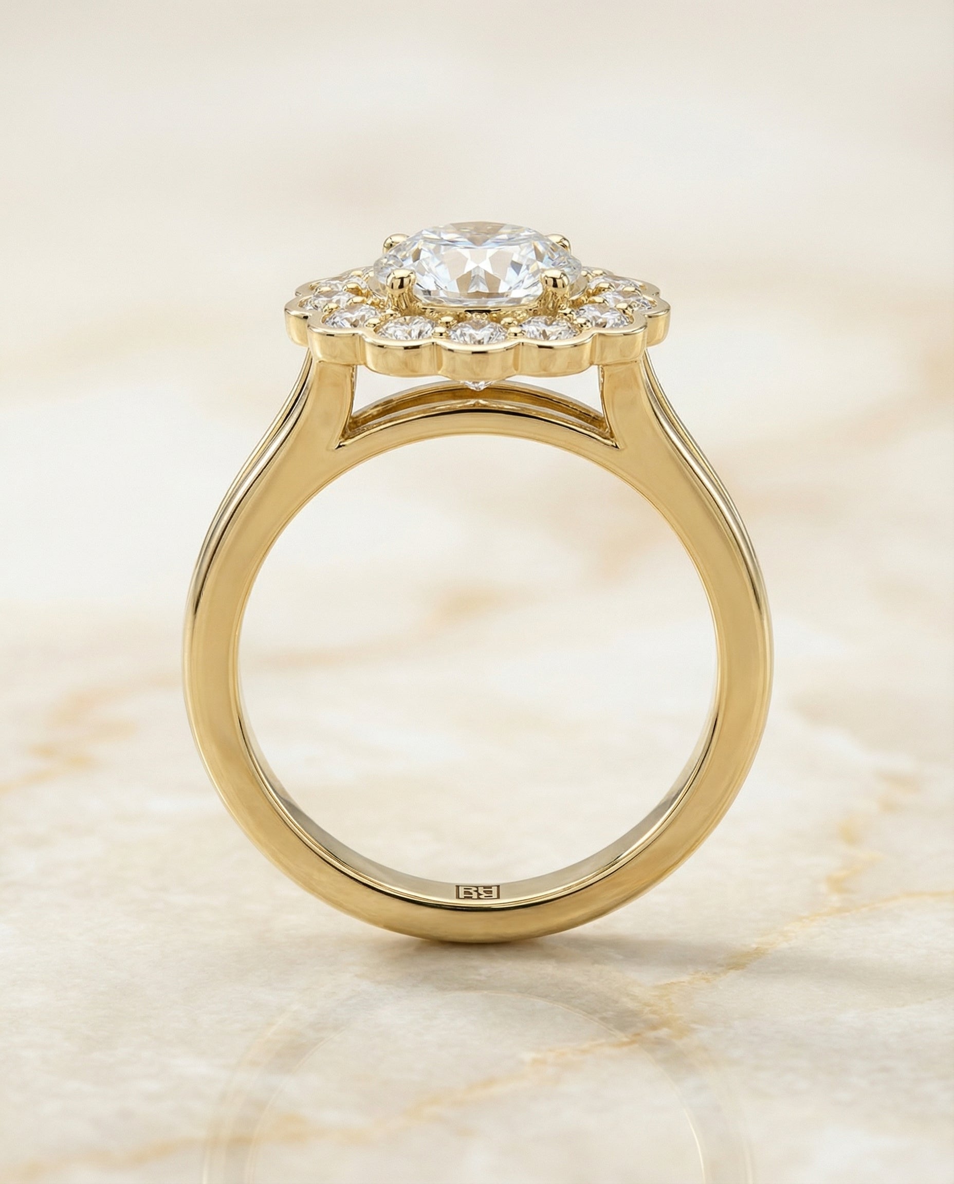 Round Brilliant, Floral Split Shank Halo, in 18K Yellow Gold, prong setting – side profile | RockHer