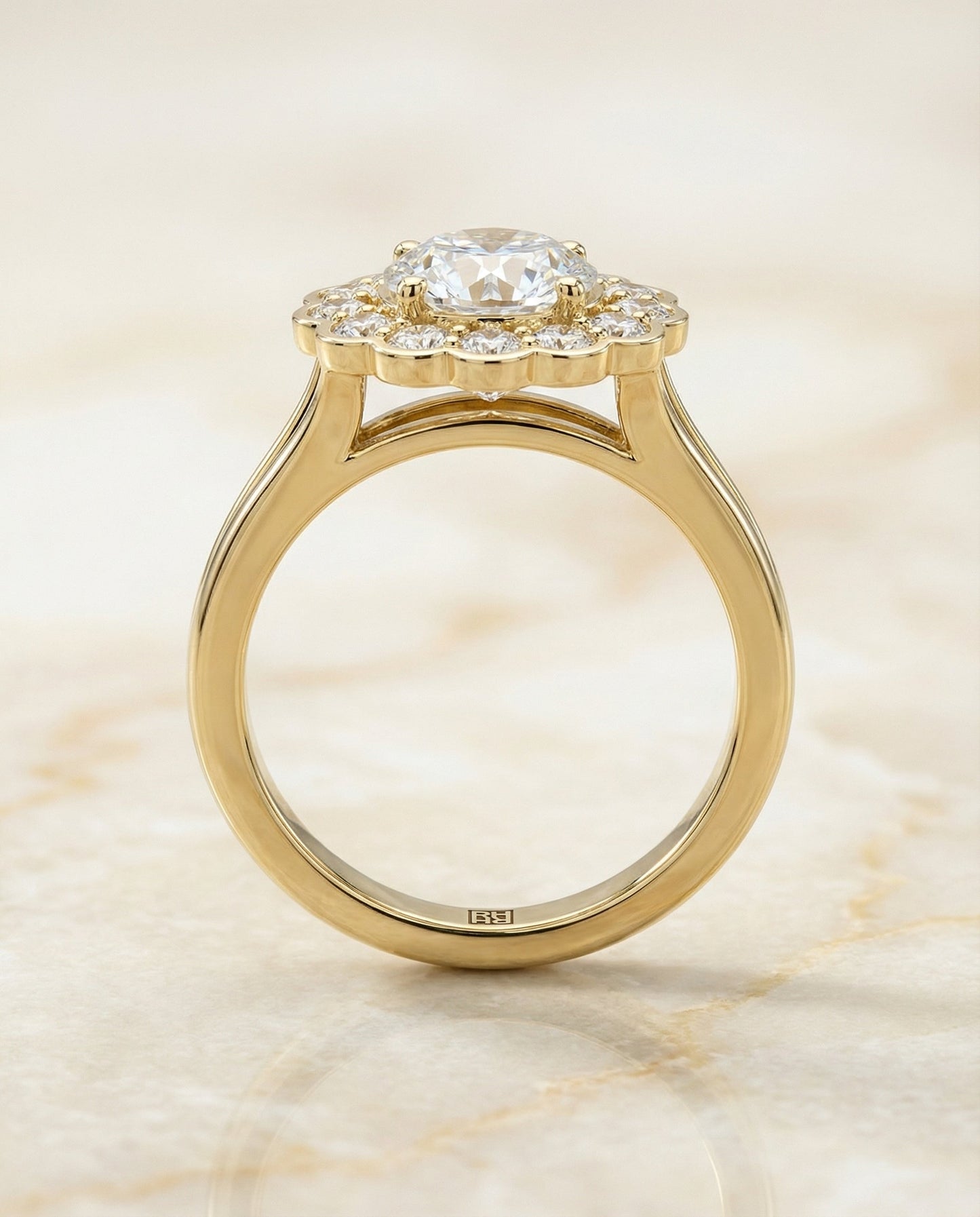 Round Brilliant, Floral Split Shank Halo, in 18K Yellow Gold, prong setting – side profile | RockHer