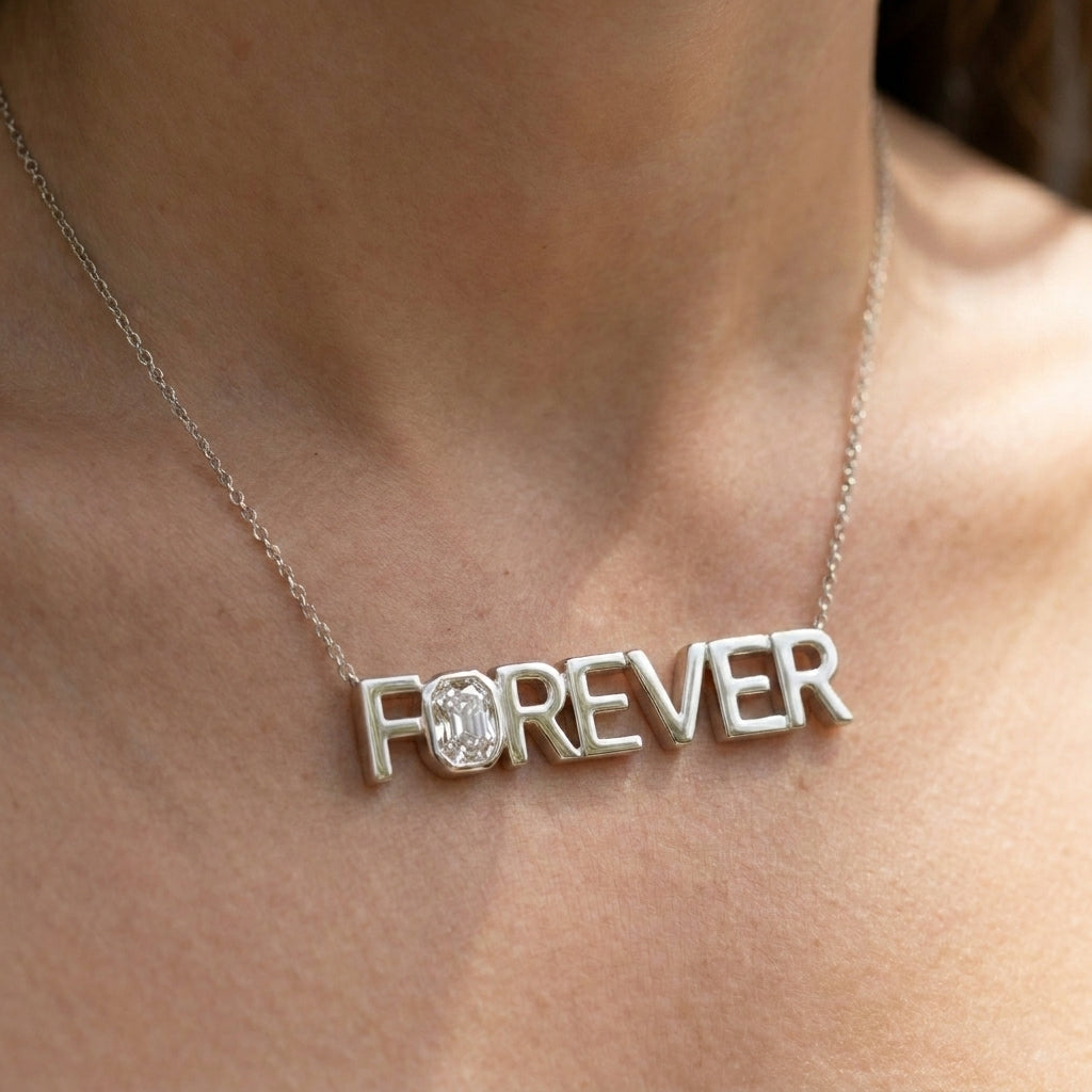 FOREVER lab-grown diamond necklace in Platinum, worn on neck