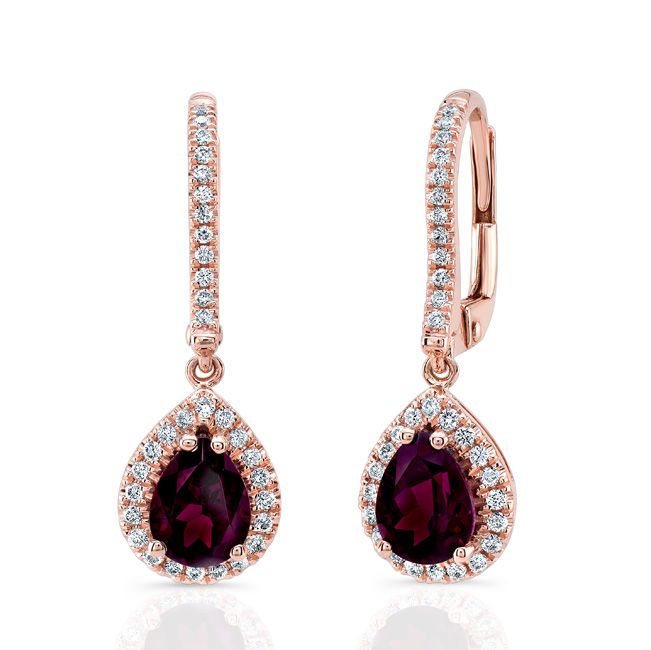 Rhodolite Garnet And Diamond Teardrop Halo Dangling Earrings in 14K Rose Gold | RockHer