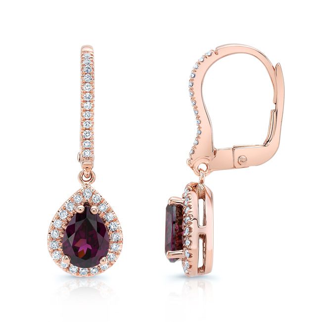 ต่างหูห้อยทรงหยดน้ำประดับด้วยโรโดไลต์การ์เนตและเพชรในทองกุหลาบ 14k