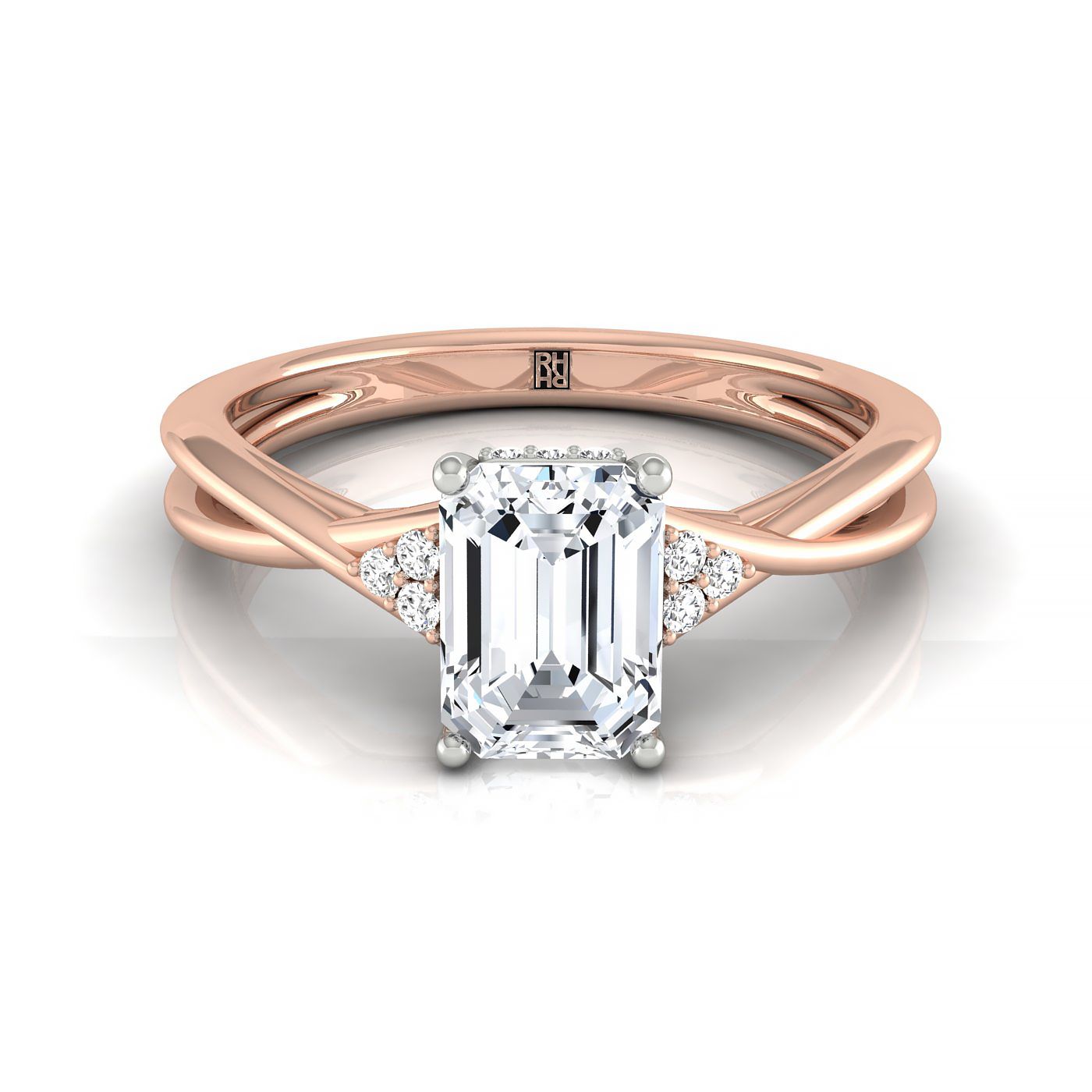 14kr Fancy Emerald Twisted Shank Double Hidden Halo Engagement Ring With 35 Prong Set Round Diamonds Sz 7.5