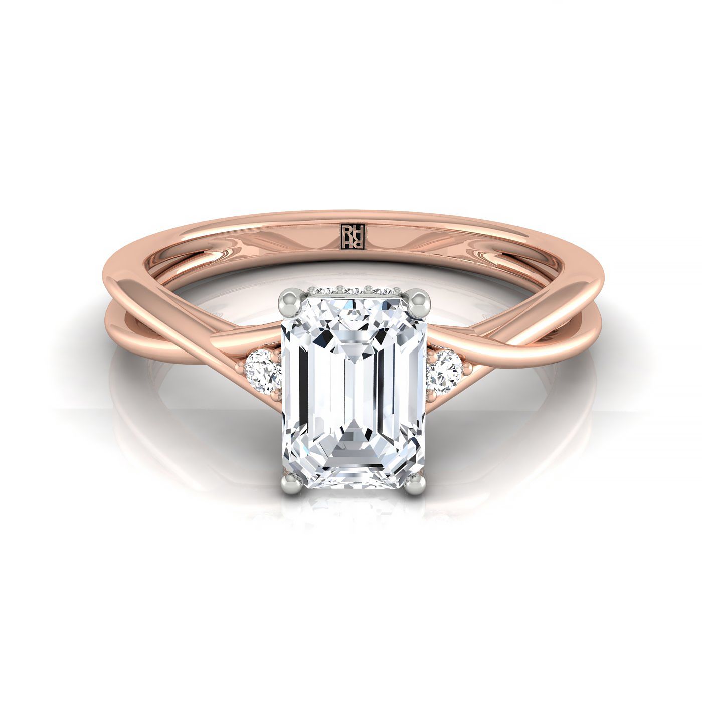 14kr Emerald Twisted Shank Single Hidden Halo Engagement Ring With 18 Prong Set Round Diamonds Sz 7.5