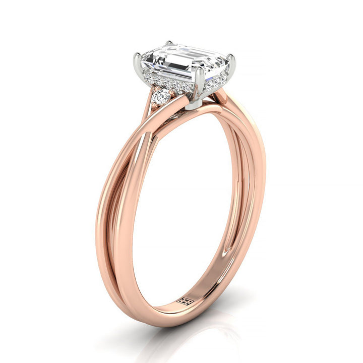 14kr Emerald Twisted Shank Single Hidden Halo Engagement Ring With 18 Prong Set Round Diamonds Sz 7.5