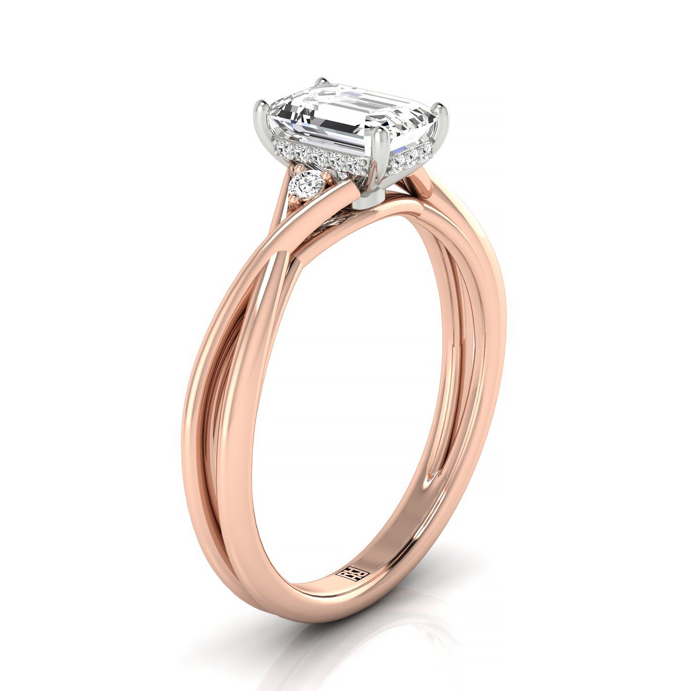 14kr Emerald Twisted Shank Single Hidden Halo Engagement Ring With 18 Prong Set Round Diamonds Sz 7.5