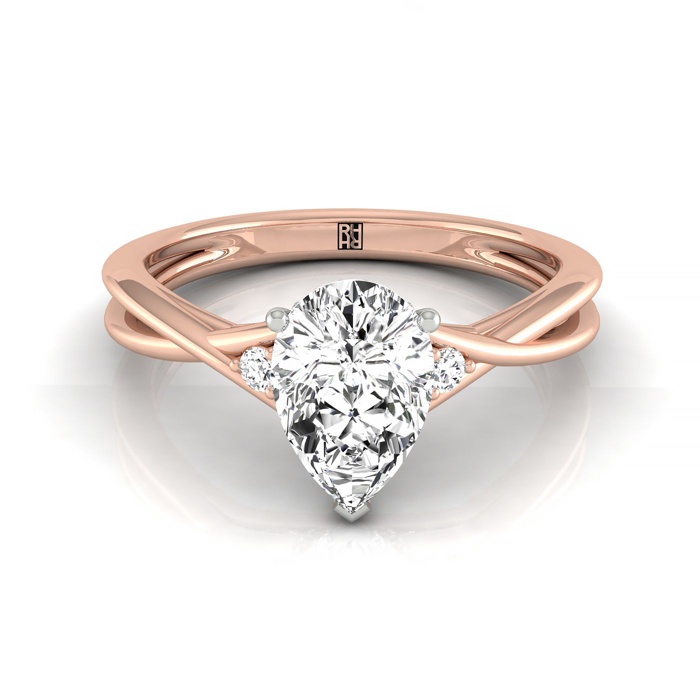 14kr Pear Twisted Shank Single Hidden Halo Engagement Ring With 19 Prong Set Round Diamonds
