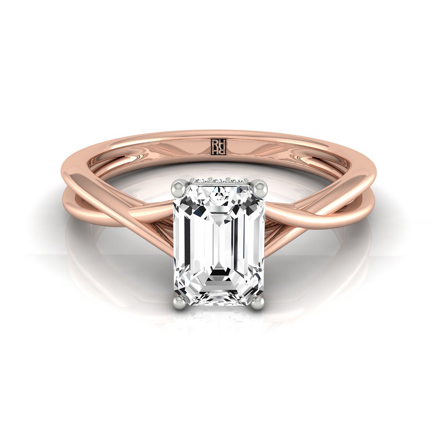 14kr Emerald Twisted Shank Hidden Halo Solitaire Engagement Ring With 16 Prong Set Round Diamonds Sz 7.5