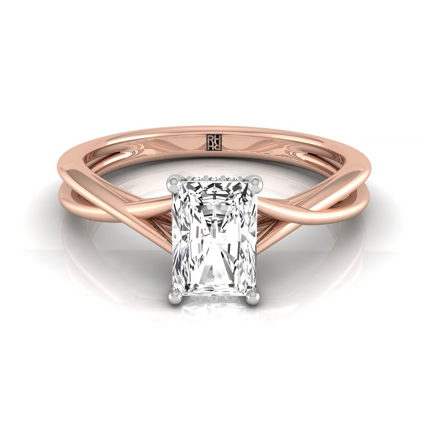 แหวนหมั้นเดี่ยว 14kr Radiant Twisted Shank ซ่อนฮาโล พร้อมเพชรรอบกลม 24 กรง