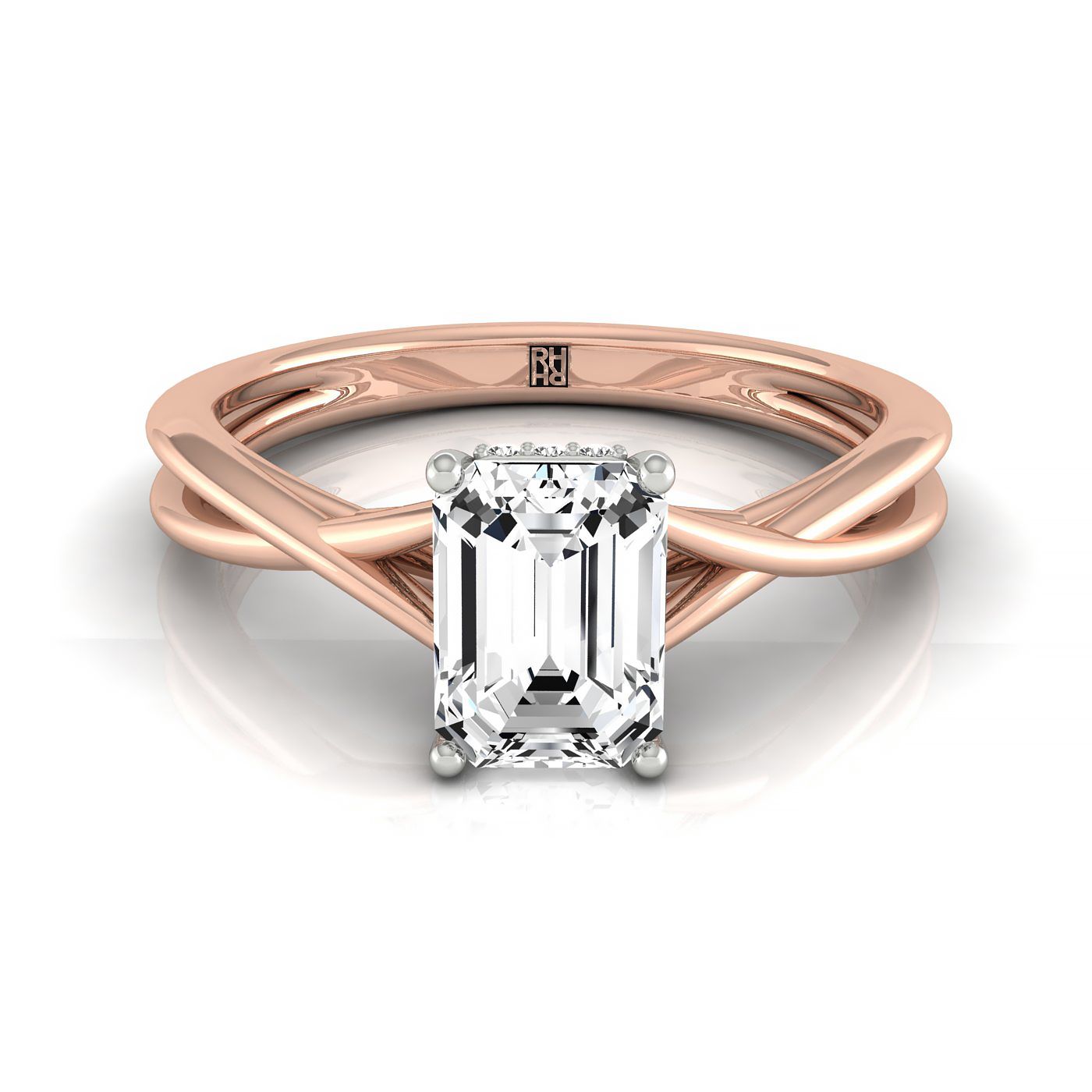 14kr Emerald Twisted Shank Double Hidden Halo Solitaire Engagement Ring With 30 Prong Set Round Diamonds