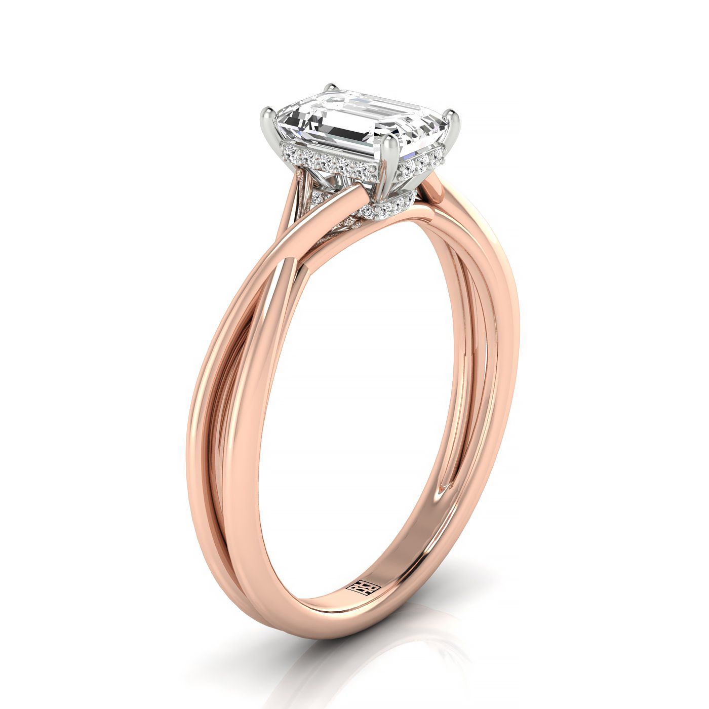 14kr Emerald Twisted Shank Double Hidden Halo Solitaire Engagement Ring With 30 Prong Set Round Diamonds