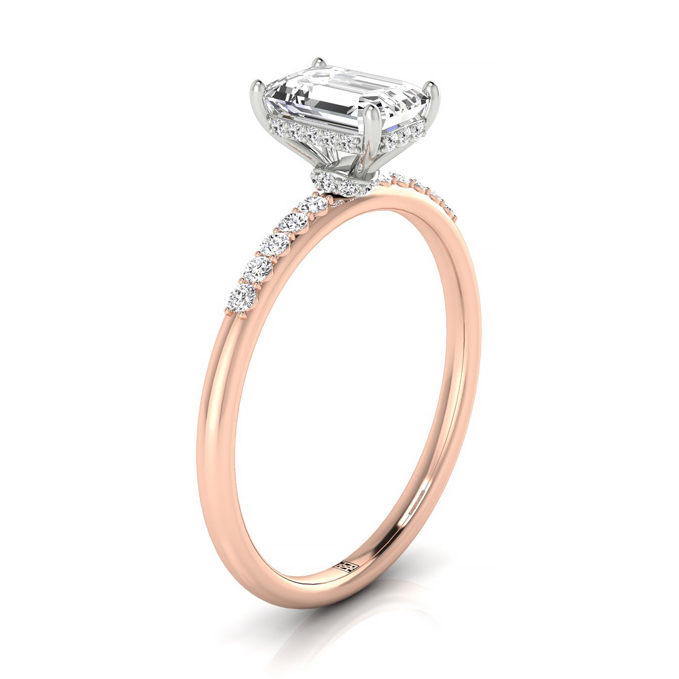 14k Rose Gold Emerald Double Hidden Halo Quarter Shank Engagement Ring - 1/25ctw