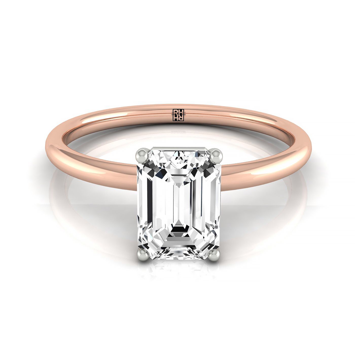 Emerald Cut, Hidden Halo Solitaire Emerald, in 14K Rose Gold – front view | RockHer