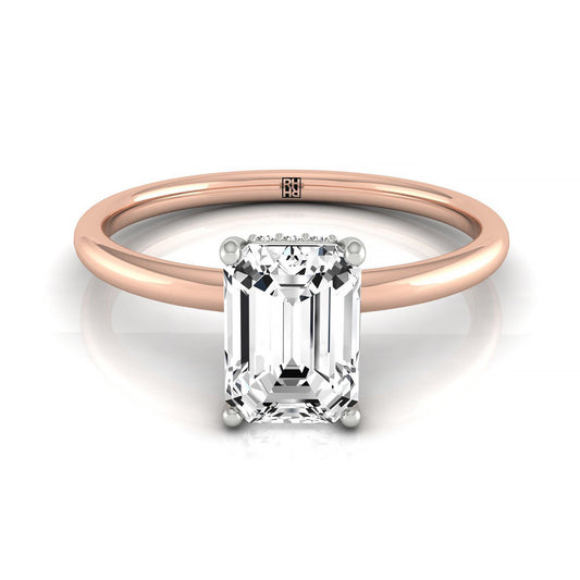 14kr Emerald Solitaire Engagement Ring With Upper Hidden Halo With 16 Prong Set Round Diamonds