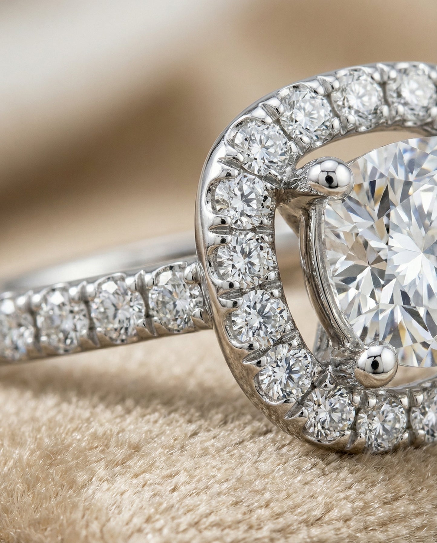French Pavé Halo Frame Cushion, in Platinum, pave setting – detail view | RockHer
