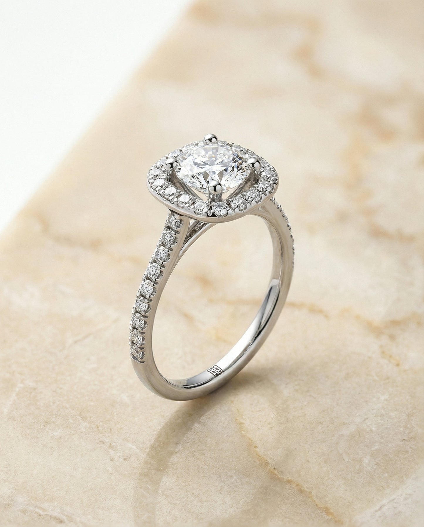 French Pavé Halo Frame Cushion, in Platinum, pave setting – front view | RockHer