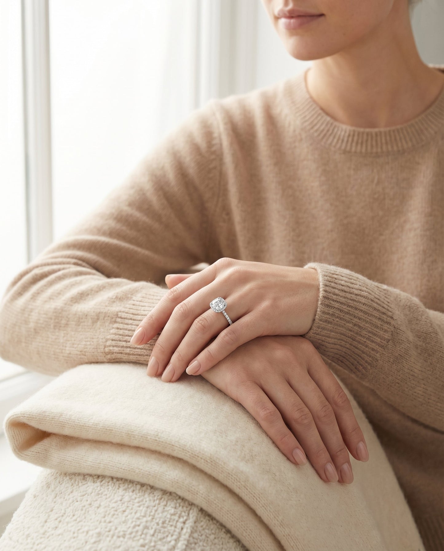 French Pavé Halo Frame Cushion, in Platinum, pave setting – lifestyle shot | RockHer