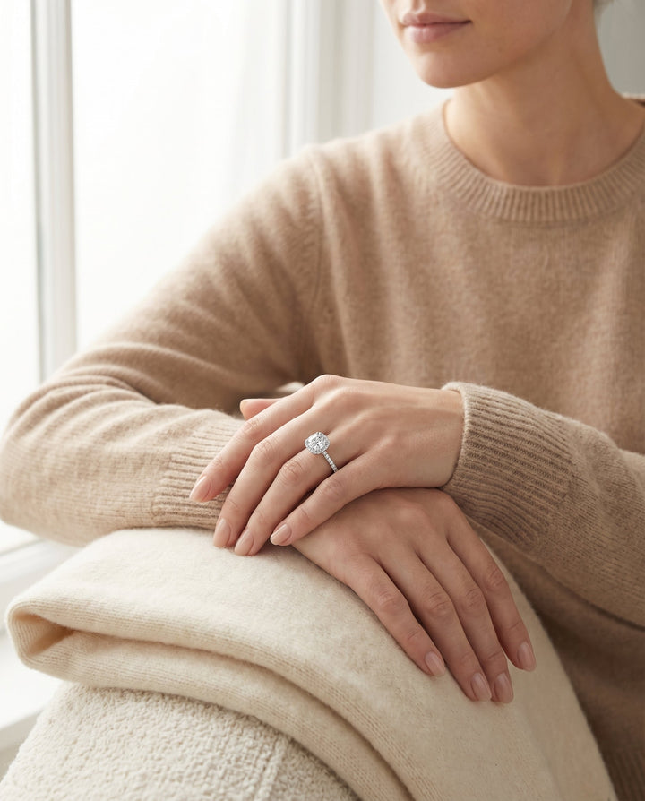 French Pavé Halo Frame Cushion, in Platinum, pave setting – lifestyle shot | RockHer