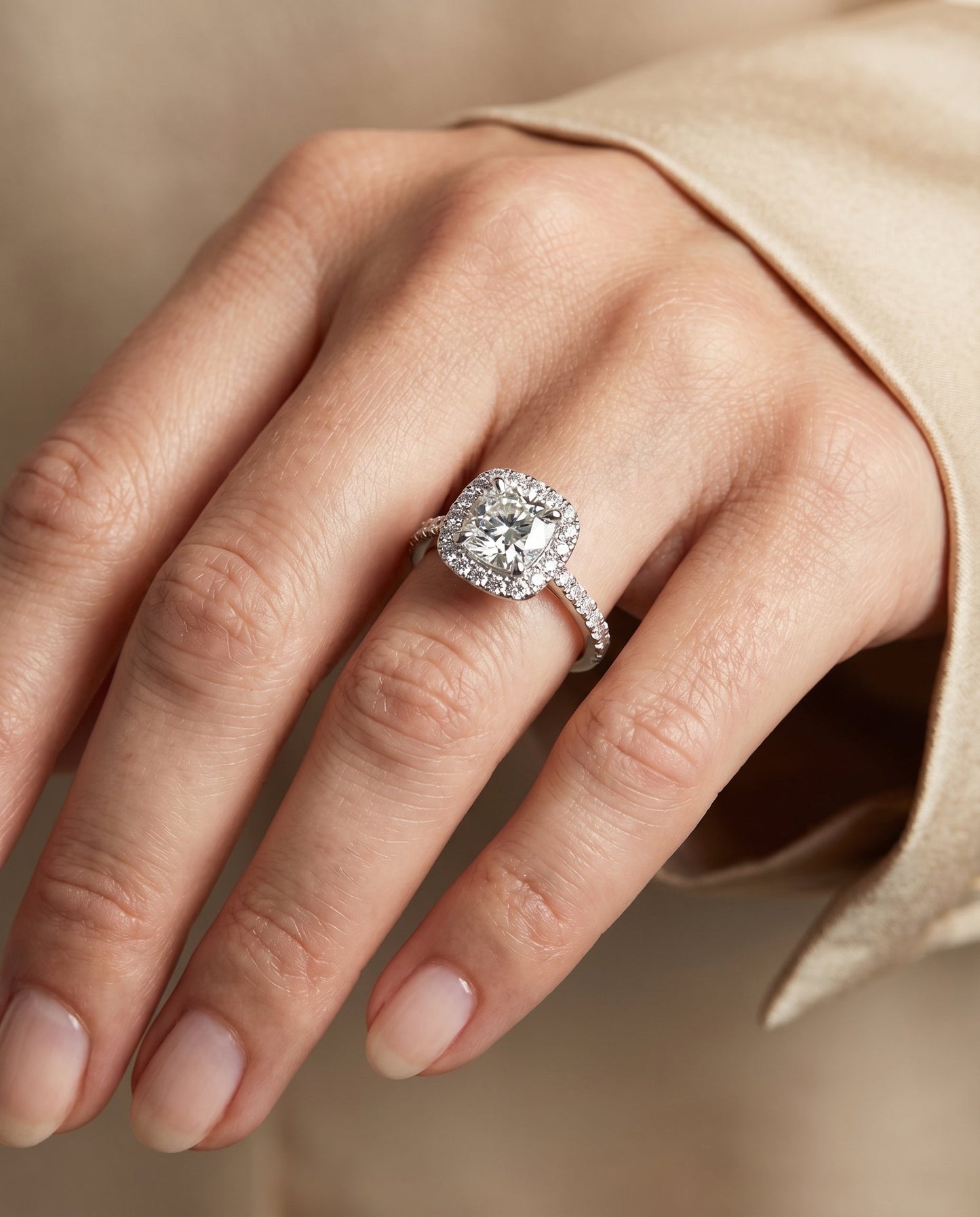 French Pavé Halo Frame Cushion, in Platinum, pave setting – lifestyle shot | RockHer