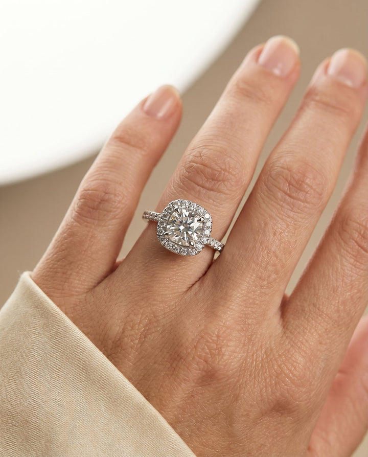 French Pavé Halo Frame Cushion, in Platinum, pave setting – lifestyle shot | RockHer
