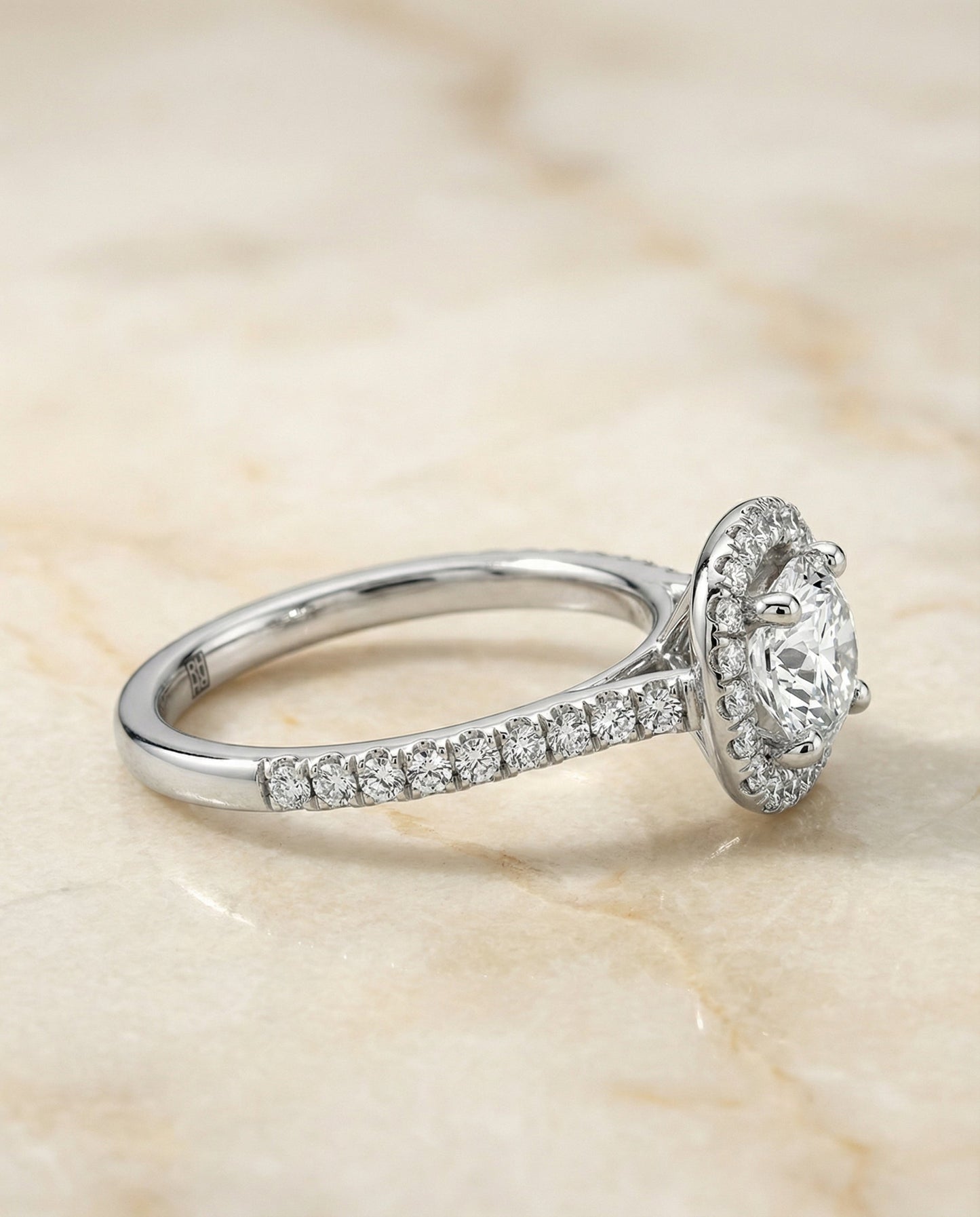 French Pavé Halo Frame Cushion, in Platinum, pave setting – side profile | RockHer