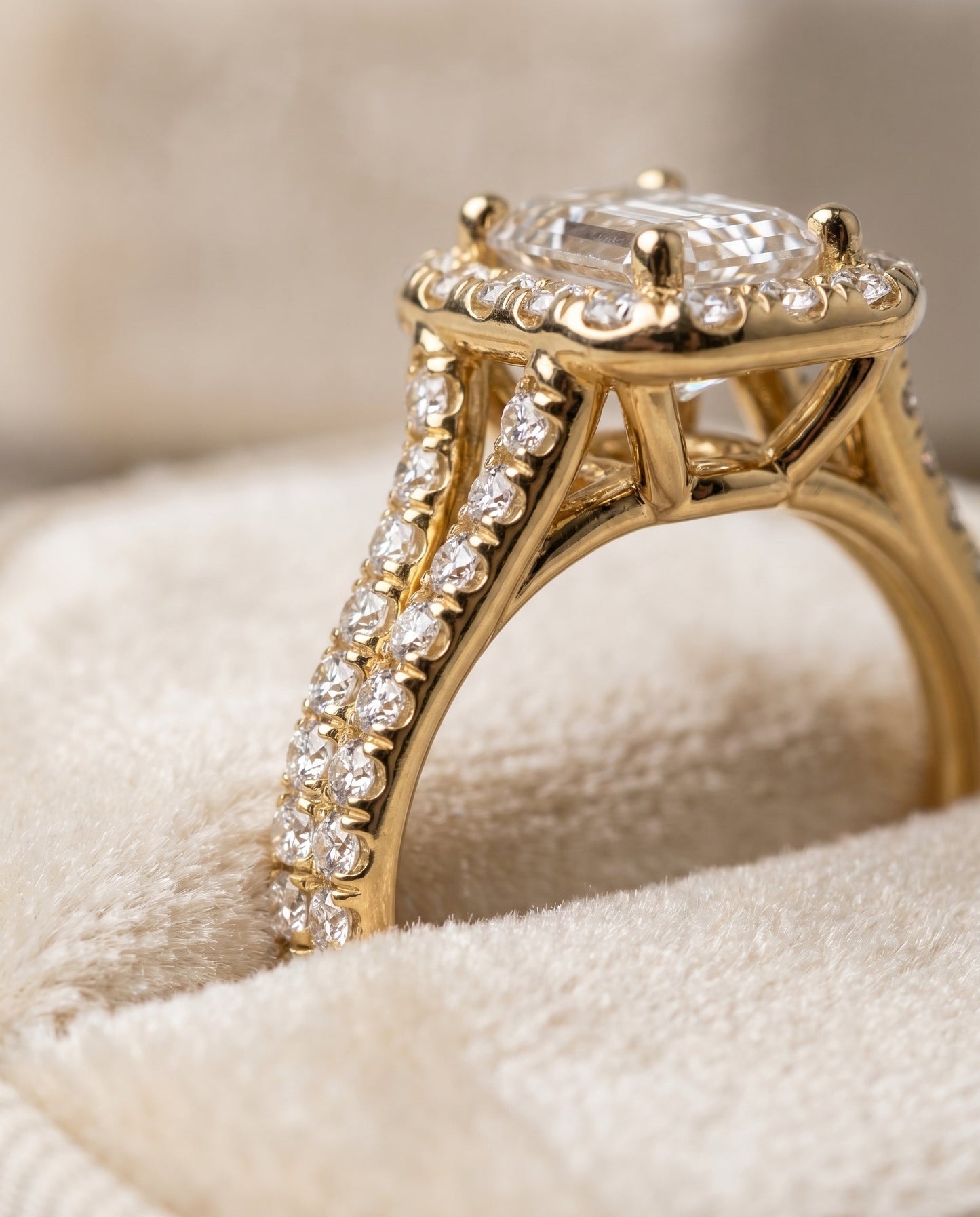 European Cut, French Pavé Split Shank Halo Emerald, in 18K Yellow Gold, pave setting – detail view | RockHer