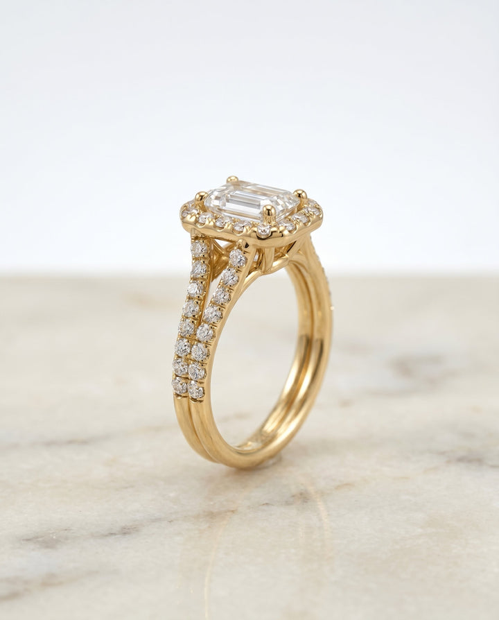 European Cut, French Pavé Split Shank Halo Emerald, in 18K Yellow Gold, pave setting – front view | RockHer