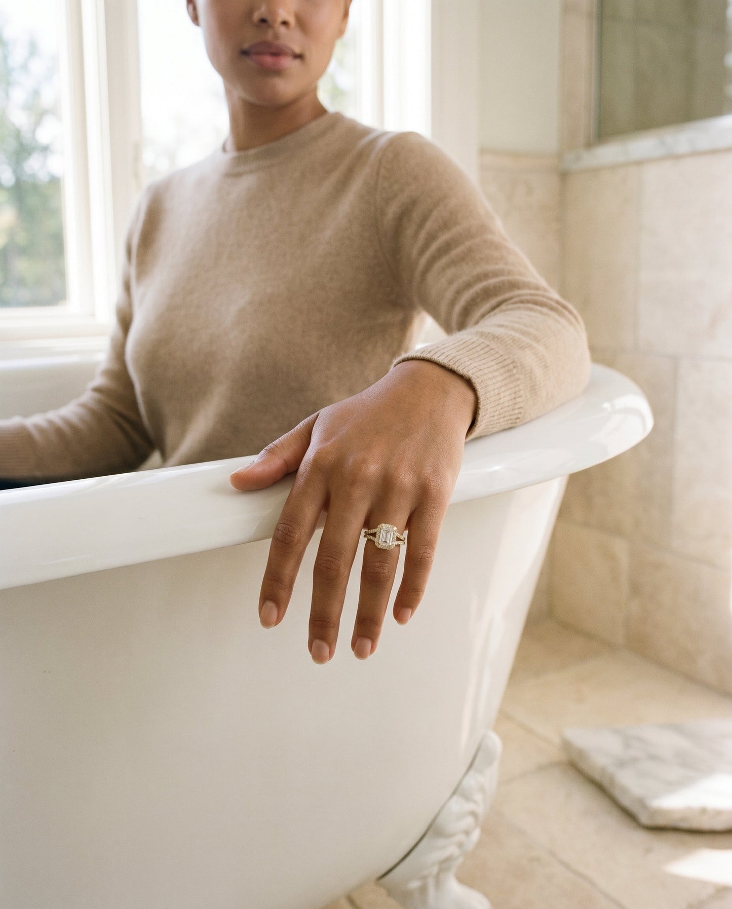 European Cut, French Pavé Split Shank Halo Emerald, in 18K Yellow Gold, pave setting – lifestyle shot | RockHer