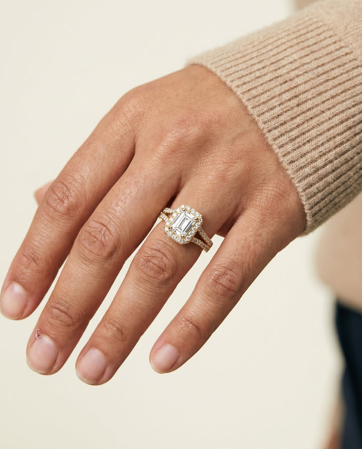 European Cut, French Pavé Split Shank Halo Emerald, in 18K Yellow Gold, pave setting – lifestyle shot | RockHer