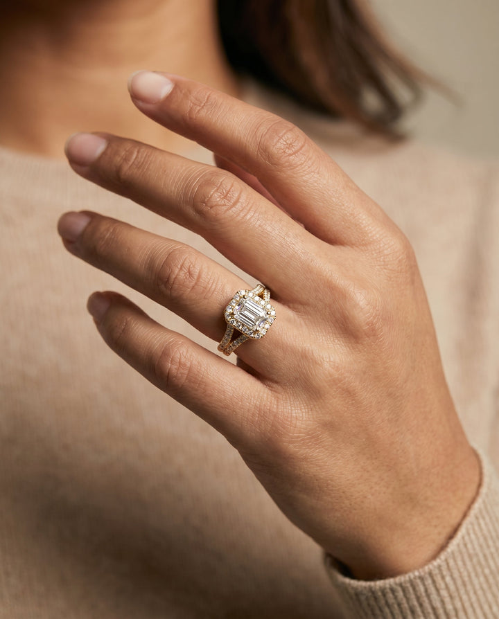European Cut, French Pavé Split Shank Halo Emerald, in 18K Yellow Gold, pave setting – lifestyle shot | RockHer