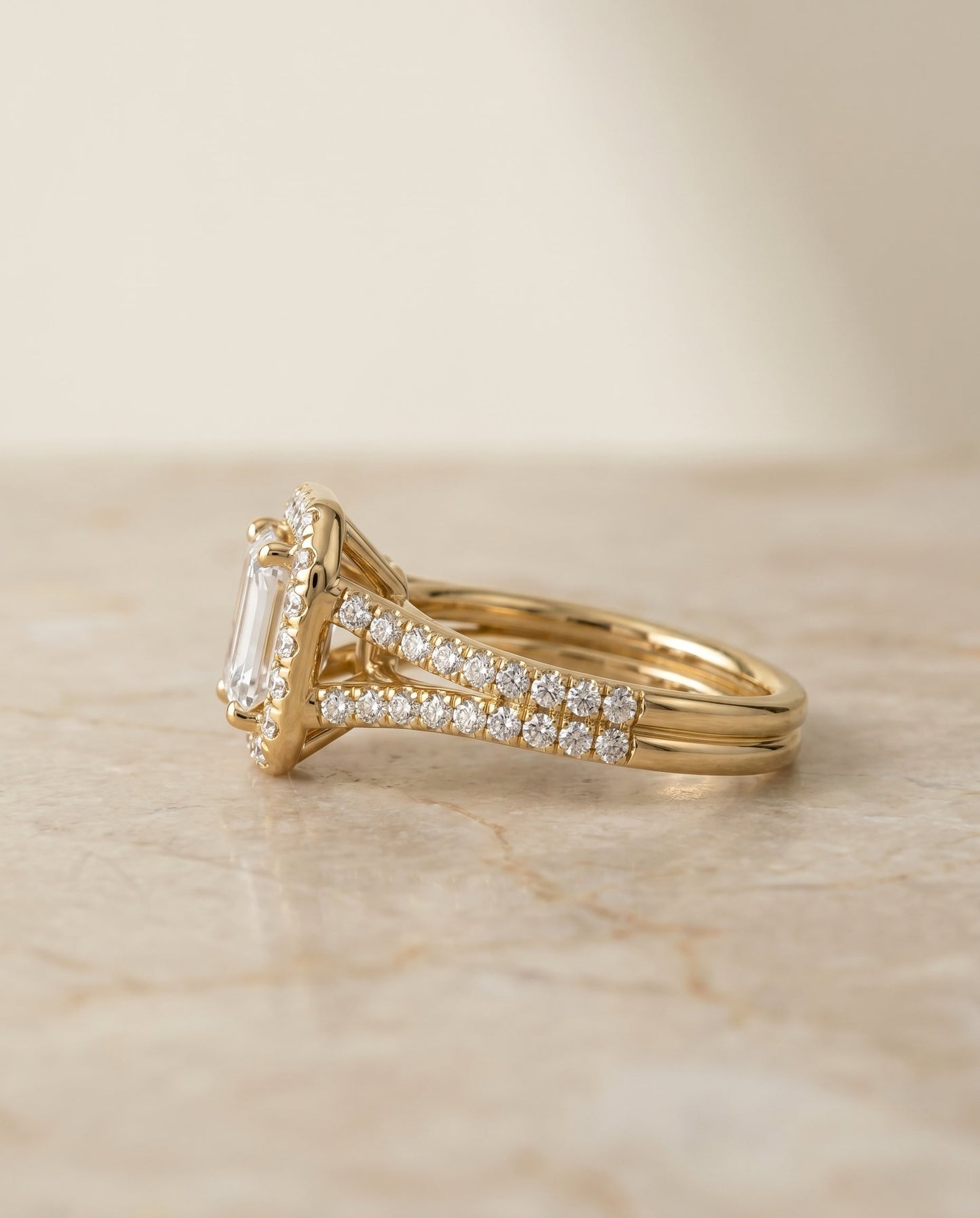 European Cut, French Pavé Split Shank Halo Emerald, in 18K Yellow Gold, pave setting – side profile | RockHer