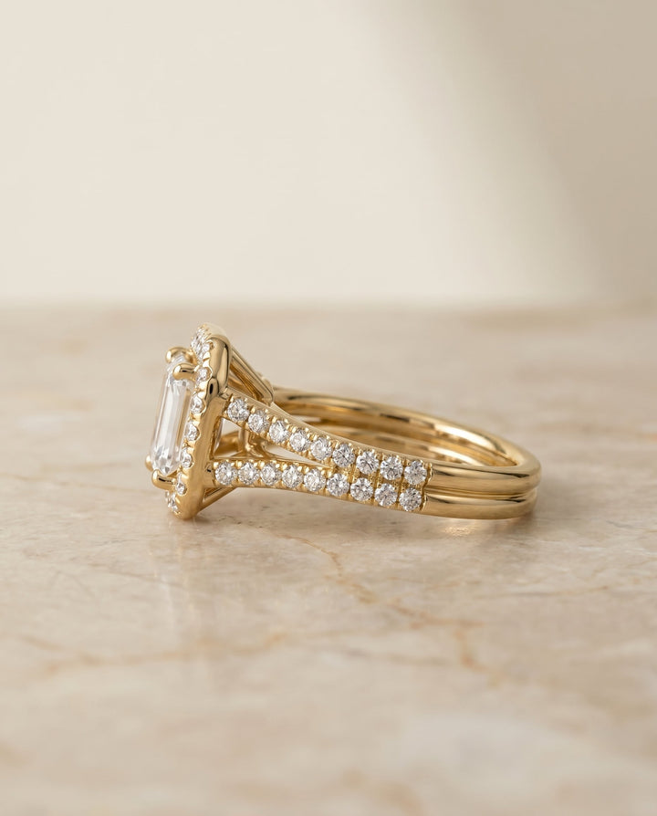 European Cut, French Pavé Split Shank Halo Emerald, in 18K Yellow Gold, pave setting – side profile | RockHer