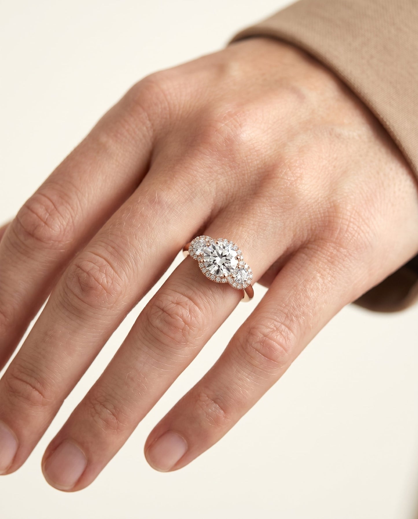 Anna Select French Pave Three Stone Solitaire in 14K Rose Gold – view 3