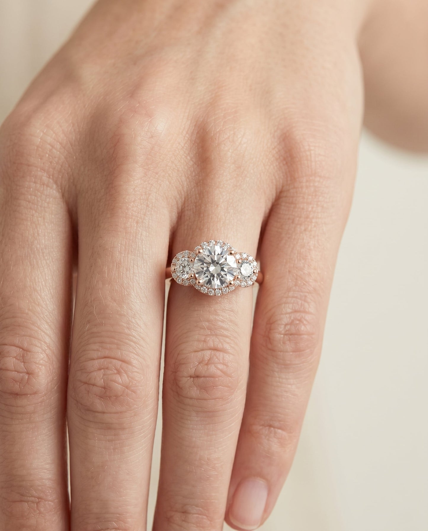 Anna Select French Pave Three Stone Solitaire in 14K Rose Gold – view 5