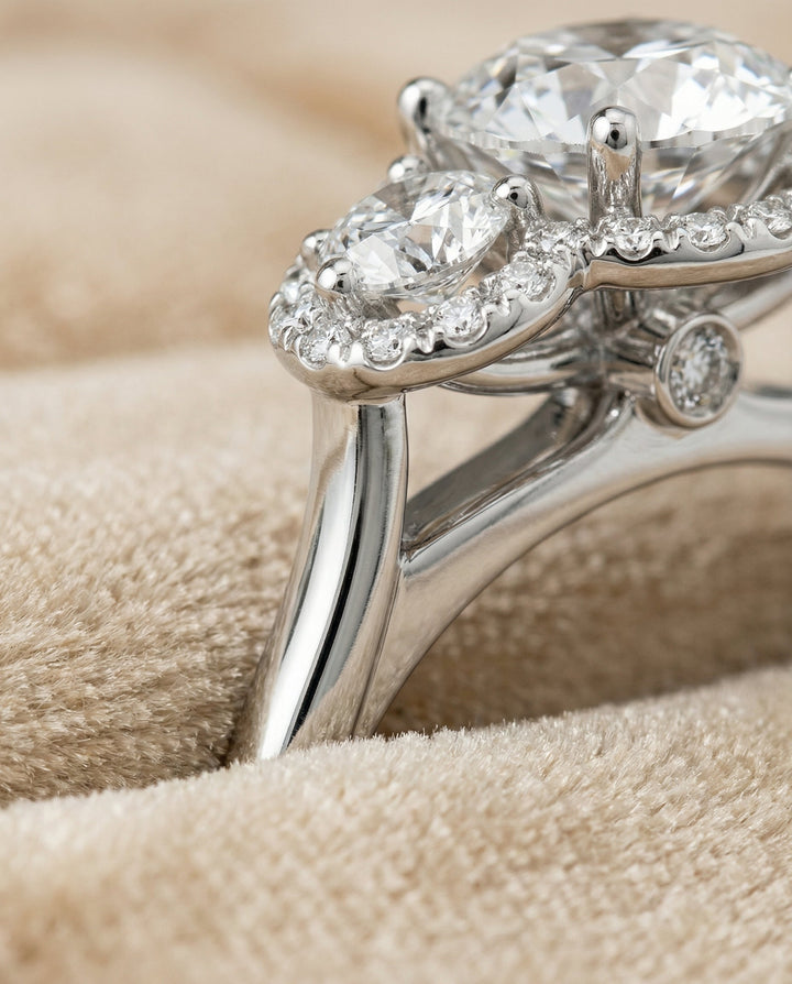 Round Brilliant, French Pavé Three Stone, in Platinum, prong setting – detail view | RockHer