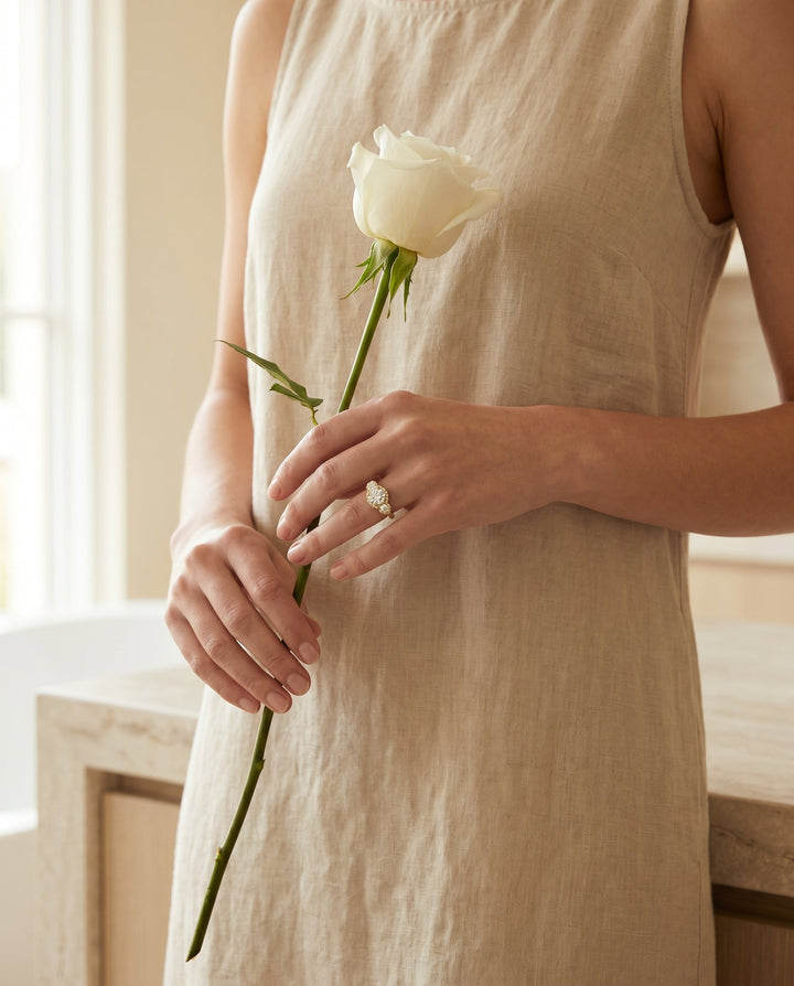 Round Brilliant, French Pavé Three Stone, in 18K Yellow Gold, prong setting – lifestyle shot | RockHer
