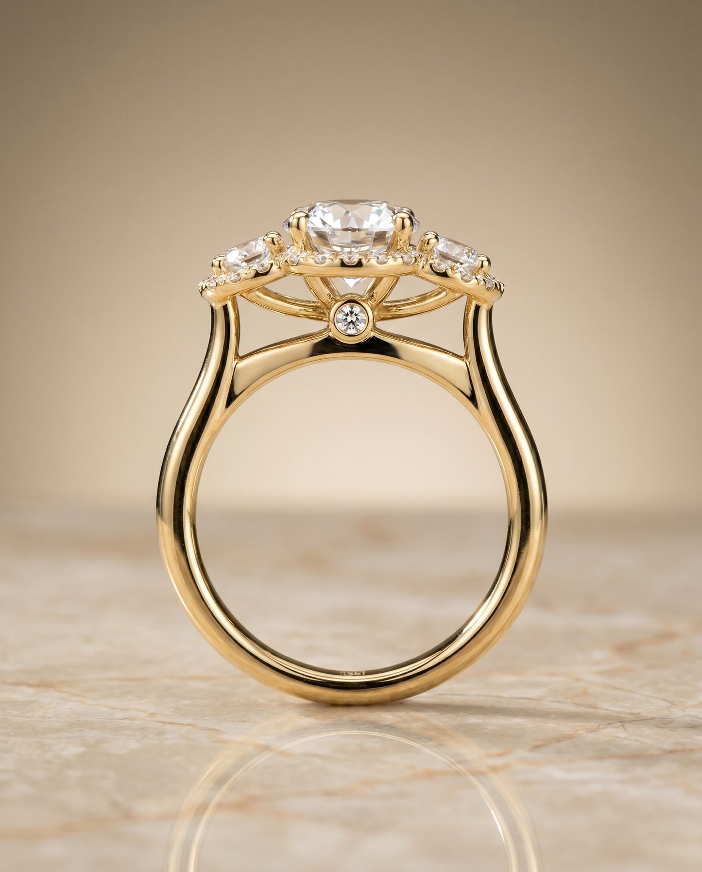 Round Brilliant, French Pavé Three Stone, in 18K Yellow Gold, prong setting – side profile | RockHer