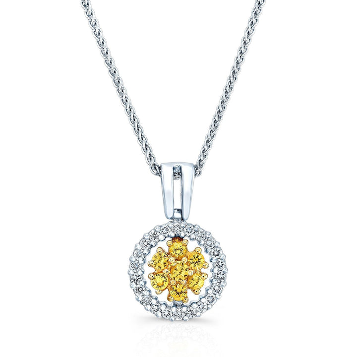 Yellow Sapphire Cluster Pendant With Diamond Halo Border In 18k Yellow And White Gold (17-in Spiga Chain) | RockHer