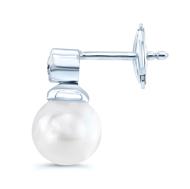 ต่างหูแบบห้อยปุ่มมุกและเพชรในทองคำขาว 14k