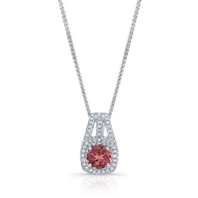 Pink Tourmaline Round Brilliant Pendant in 14K White Gold – front view | RockHer