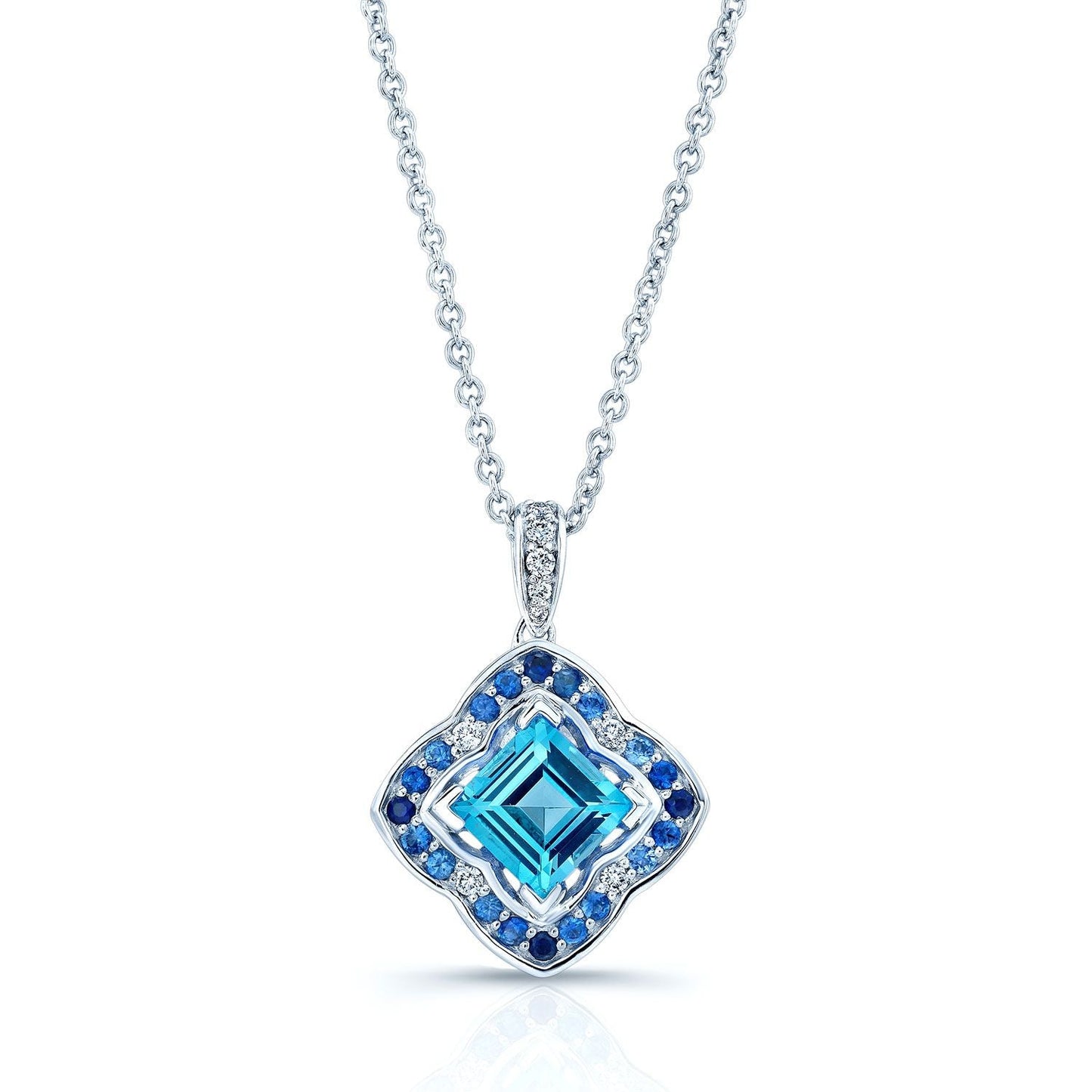 Swiss Blue Topaz, Sapphire And Diamond Pendant In 14k White Gold