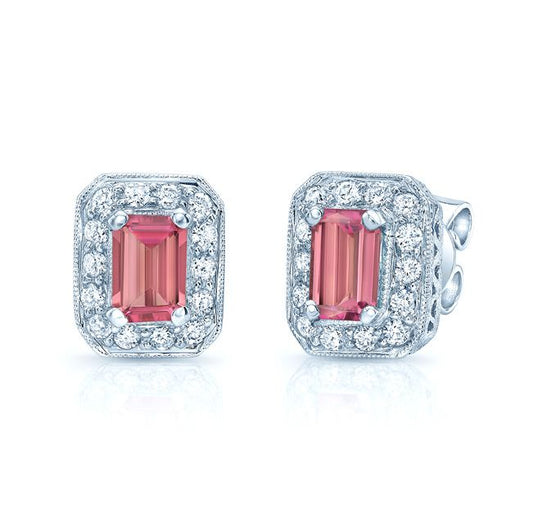 ต่างหูทัวร์มาลีนสีชมพูรูปแปดเหลี่ยมในทองคำขาว 14k