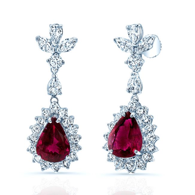 Rubellite And Diamond Teardrop Dangle Earrings In 14k White Gold (3.49 Ctw)