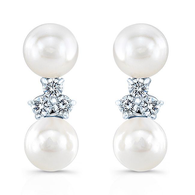 Double Pearl And Diamond Cluster Stud Earrings In 14k White Gold