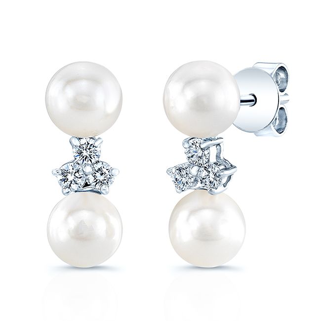 Double Pearl And Diamond Cluster Stud Earrings In 14k White Gold