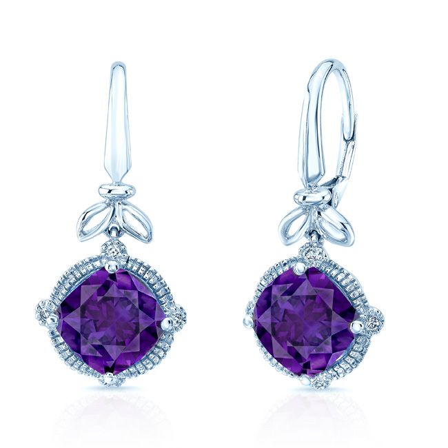 Amethyst And Diamond Leaf Drop Earrings in 14K White Gold | RockHer