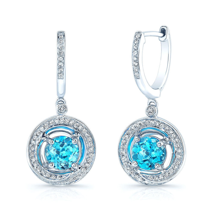 Blue Topaz And Diamond Swirl Dangling Earrings in 14K White Gold – side profile | RockHer