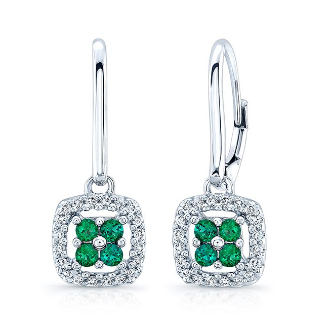 Created Emerald And Diamond Dangle Clover Leverback Earrings in 14K White Gold | RockHer